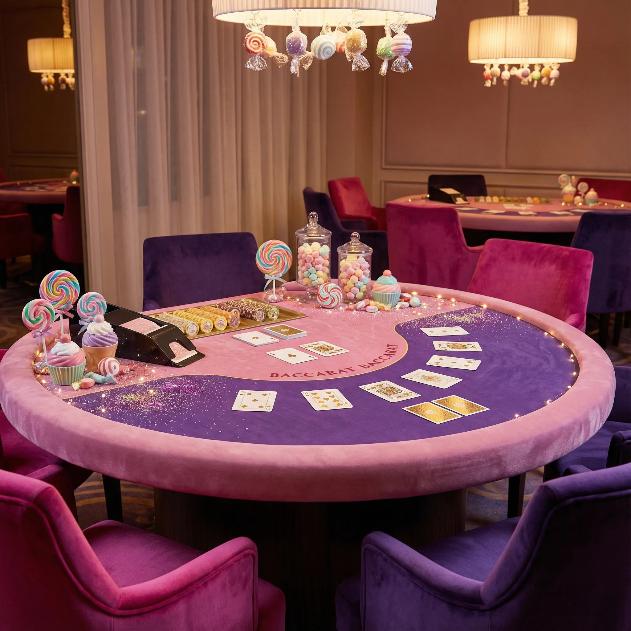 Mesa de bacará elegante com cartas e decoração de doces