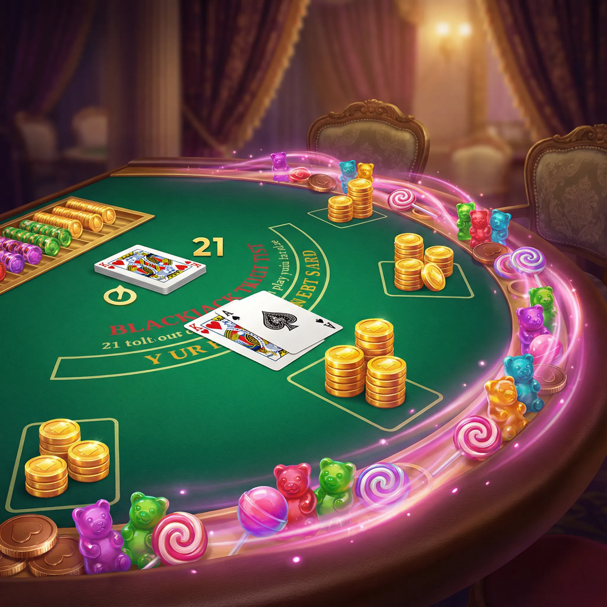 Mesa de blackjack 21 com cartas e fichas douradas